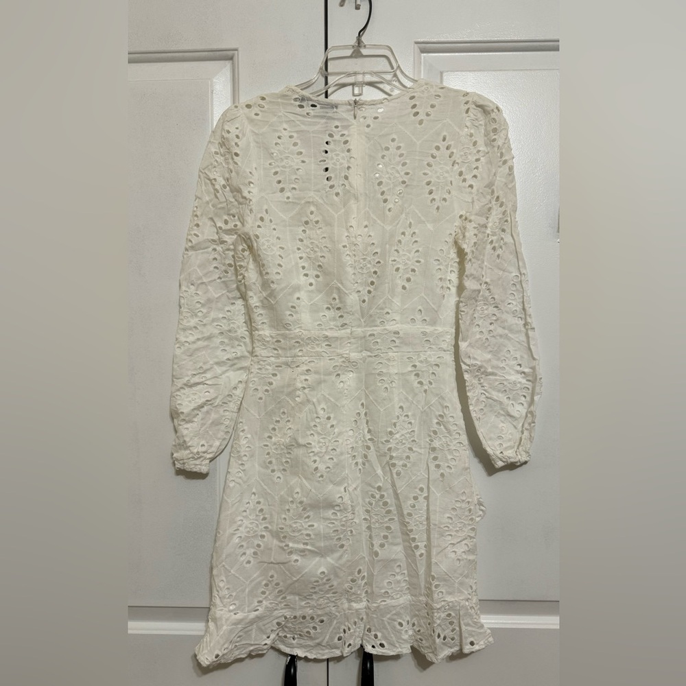 Women's Sexy Long Sleeve Lace Ruffle Mini Dress Hollow Out Summer Dress White - Picture 6 of 8